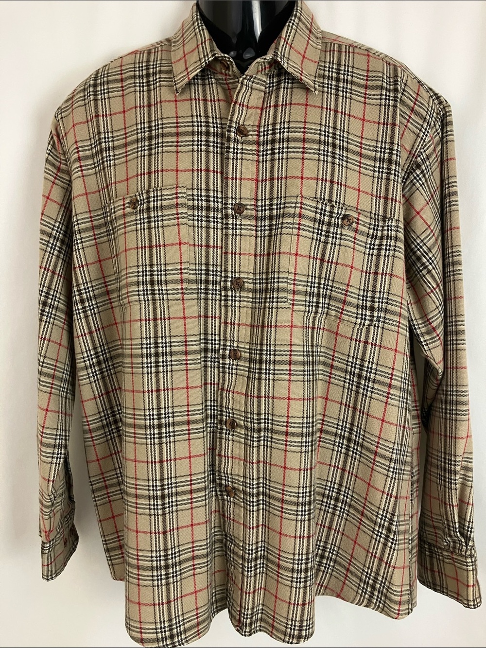 Windridge Beige, Red, and Brown Plaid Button-Up Shirt Mens Size Large